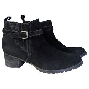 Black Suede Buckle Strap Ankle Boots | Side Zip | Size 8